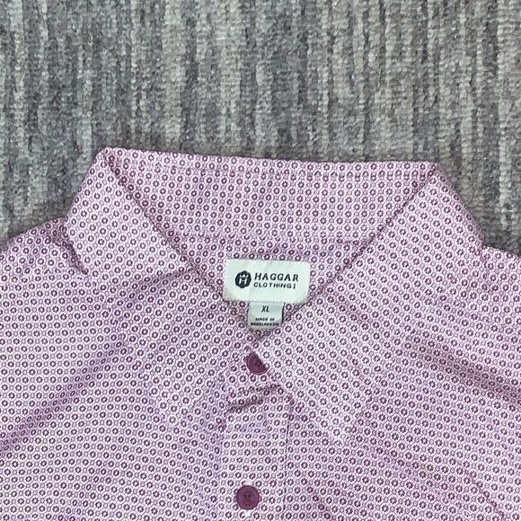 Haggar Clothing Men Size XL Button Front Shirt Pink Purple Geo Print 100% Cotton - Picture 4 of 7